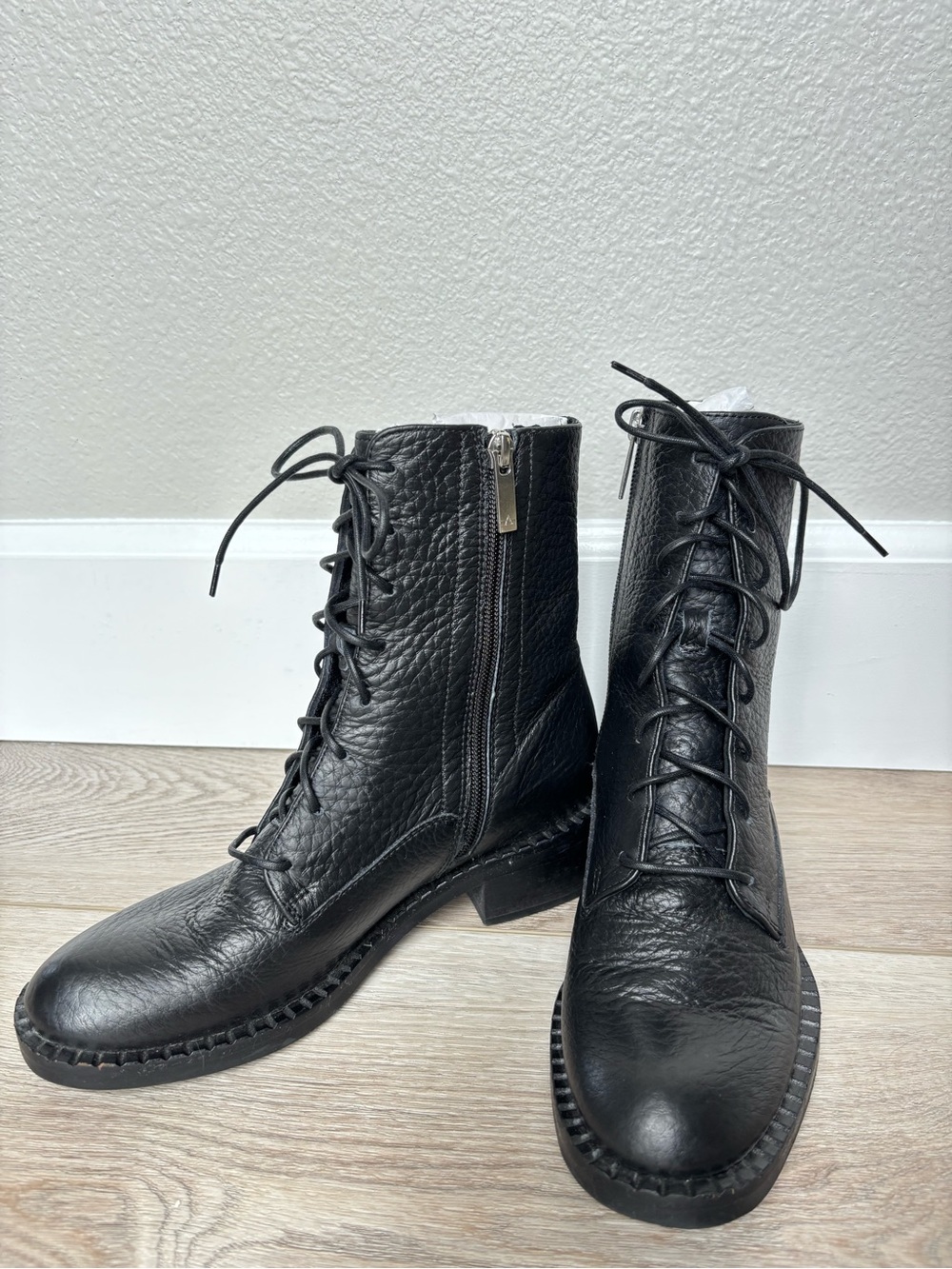 Aquatalia Gianella Leather Lace-Up Black Combat Boots